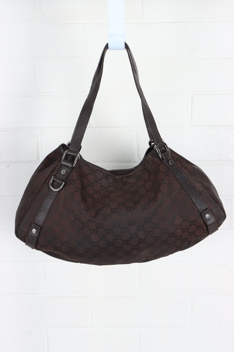 GUCCI 'Abbey' Brown Monogram Canvas & Leather Hobo Tote Bag Italy Made