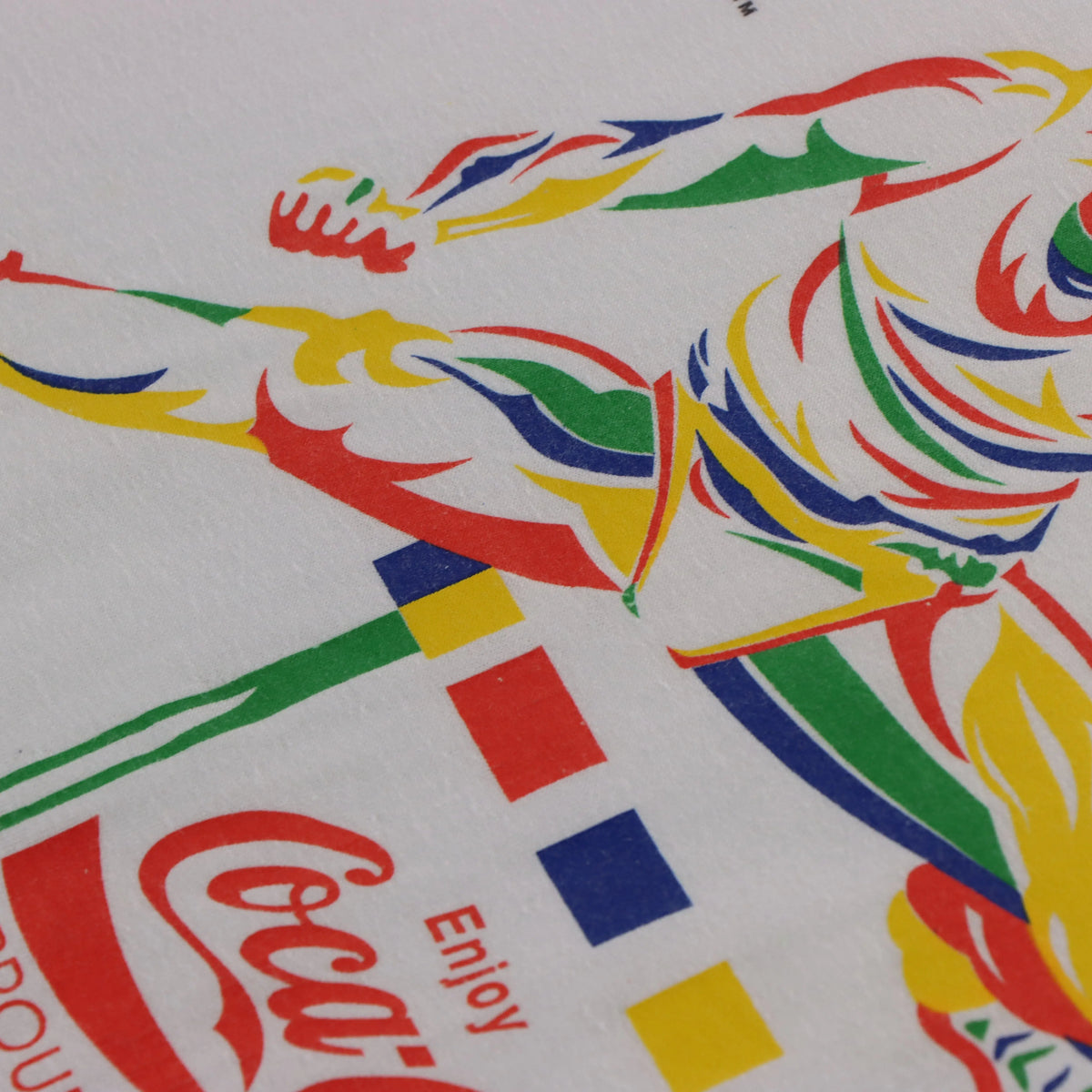 Vintage 1989 OLYMPIC Barcelona Hurdle Coca Cola USA Made White T-Shirt (XL)
