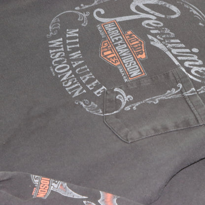 Vintage HARLEY DAVIDSON USA Made Palm Springs Black Long Sleeve Motorcycle Pocket T-Shirt (L)
