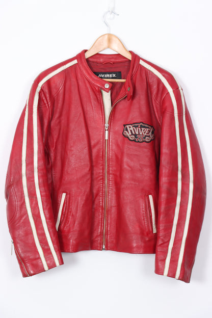 AVIREX Red & White Embroidered Patch Leather Jacket (Women's XXL)