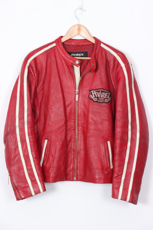 AVIREX Red & White Embroidered Patch Leather Jacket (Women's XXL)