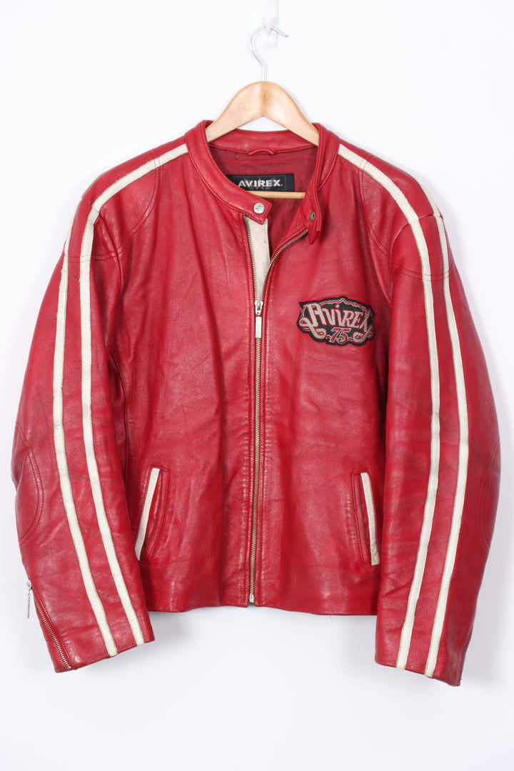 AVIREX Red & White Embroidered Patch Leather Jacket (Women's XXL)
