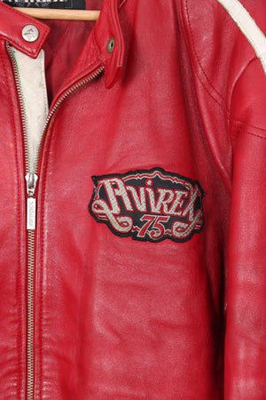 AVIREX Red & White Embroidered Patch Leather Jacket (Women's XXL)