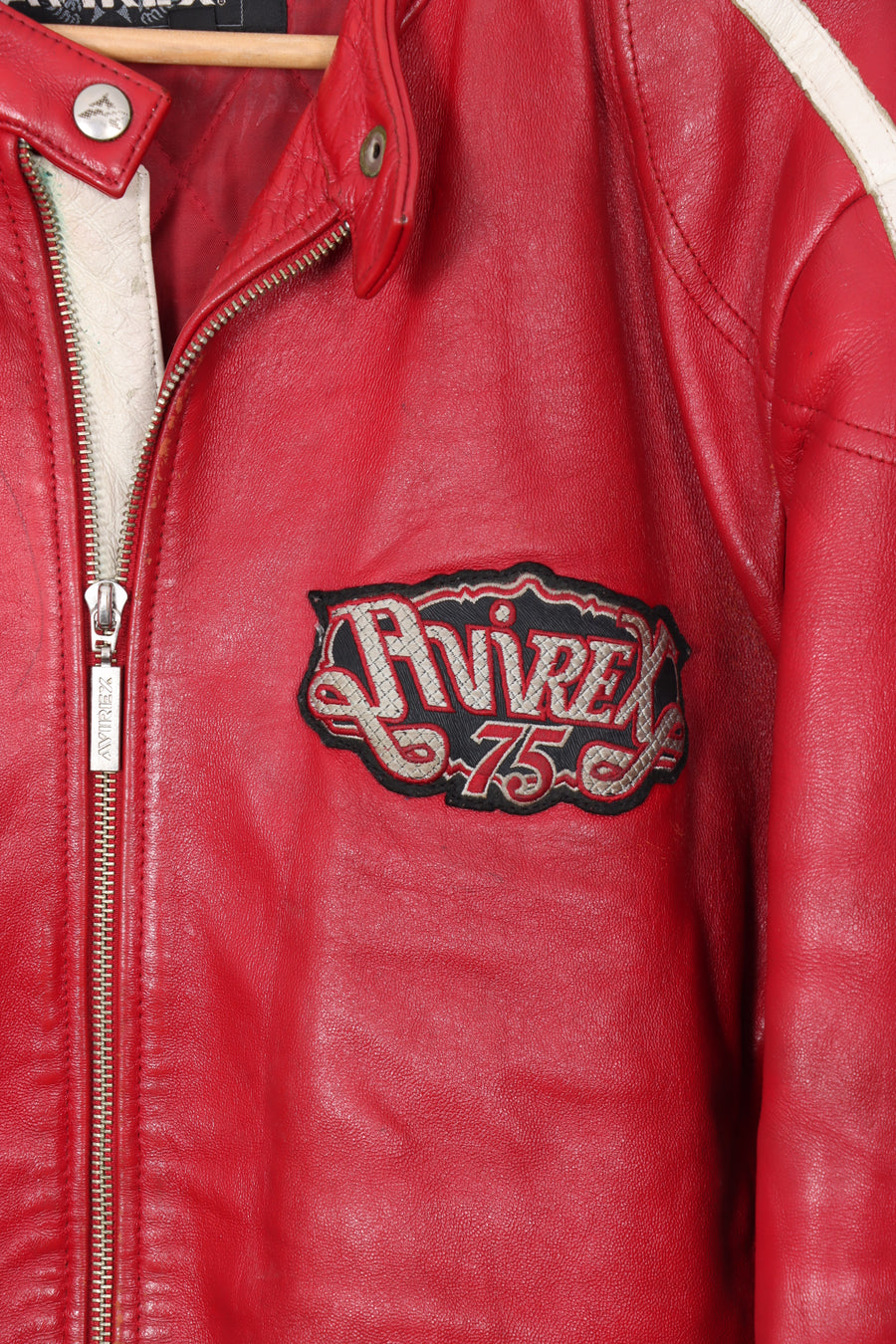 AVIREX Red & White Embroidered Patch Leather Jacket (Women's XXL)