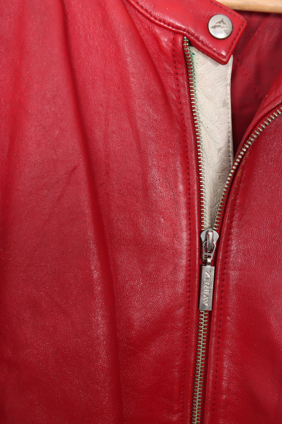 AVIREX Red & White Embroidered Patch Leather Jacket (Women's XXL)