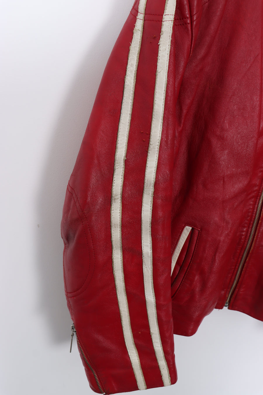 AVIREX Red & White Embroidered Patch Leather Jacket (Women's XXL)