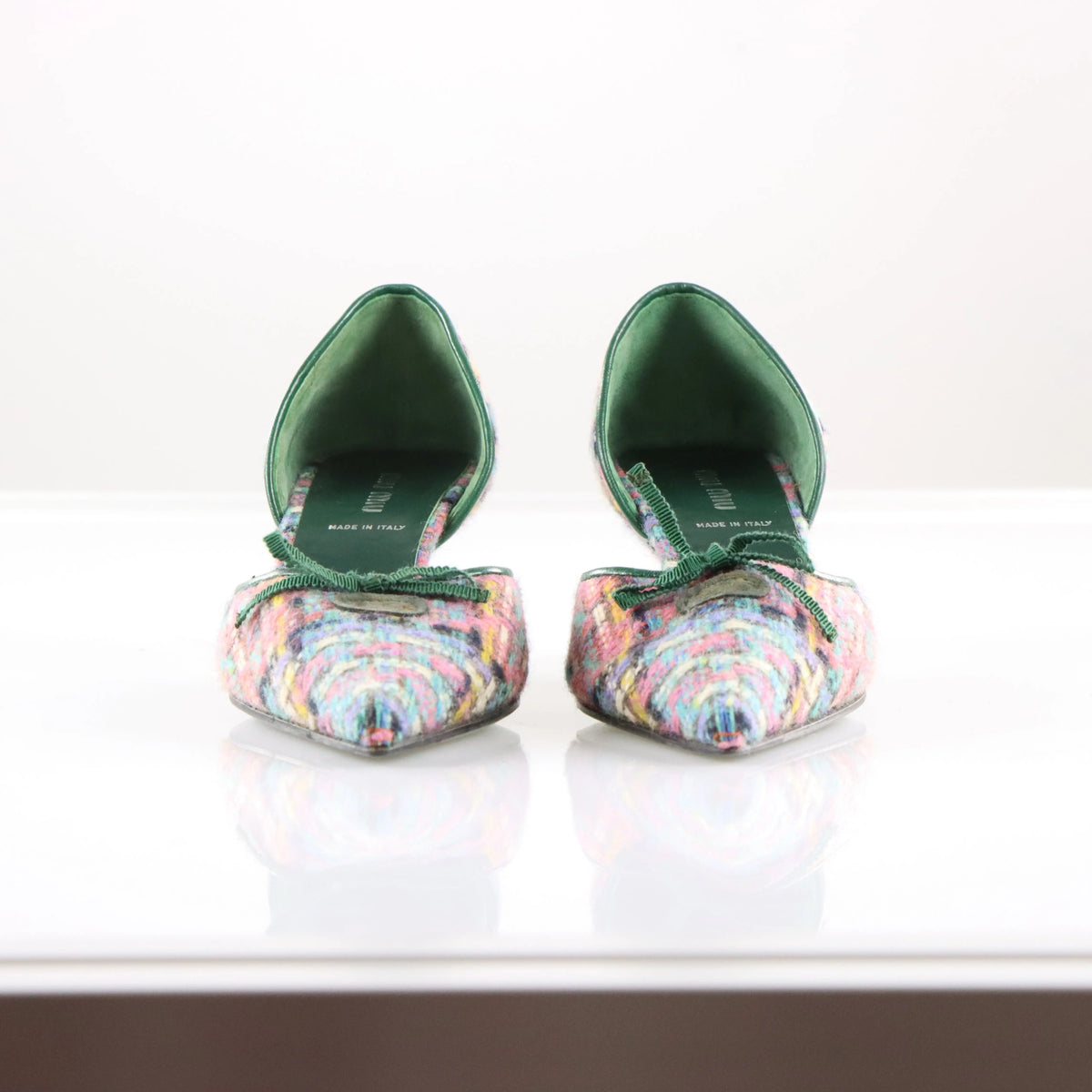 Vintage MIU MIU Multicolour Tweed & Green Leather Italian Made Slingback Kitten-Heels (38)