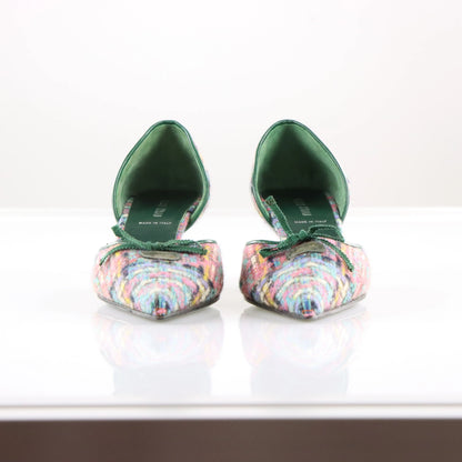 Vintage MIU MIU Multicolour Tweed & Green Leather Italian Made Slingback Kitten-Heels (38)