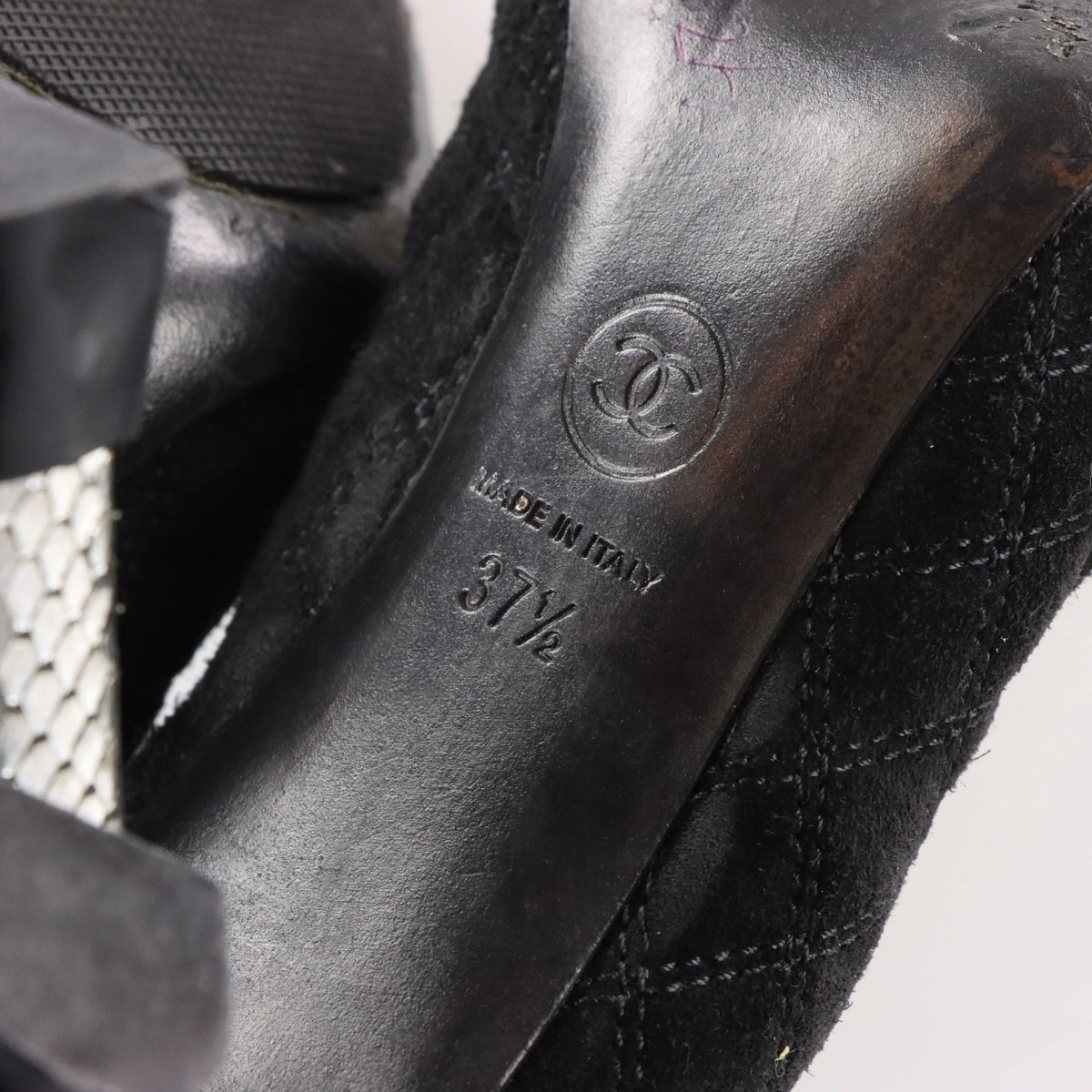 Vintage CHANEL Black Suede & Python CC Logo Cap Toe Pump Heels (37.5)