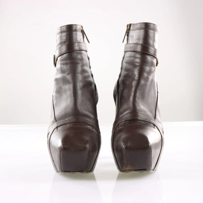 Vintage VERSACE Brown Leather Italian Made Buckle Strap Ankle Boot Heels (37.5)