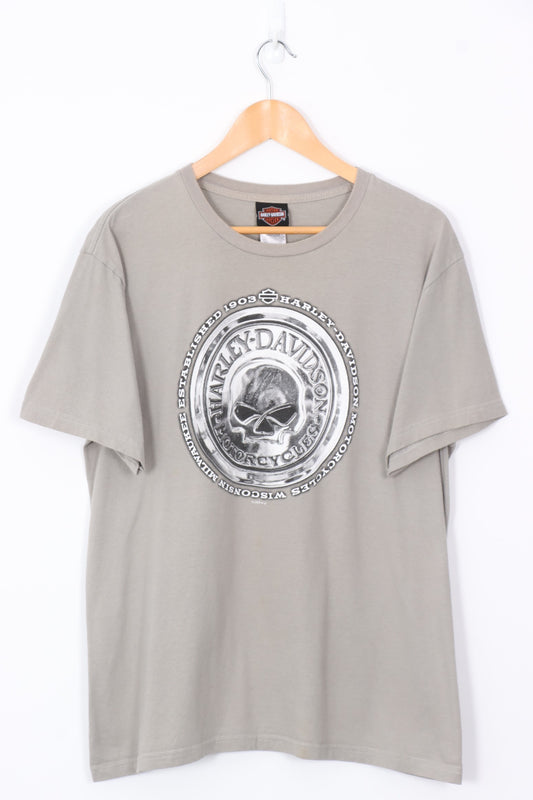 HARLEY DAVIDSON Orange & Grey Skull A.D Farrows Tee USA Made (L)