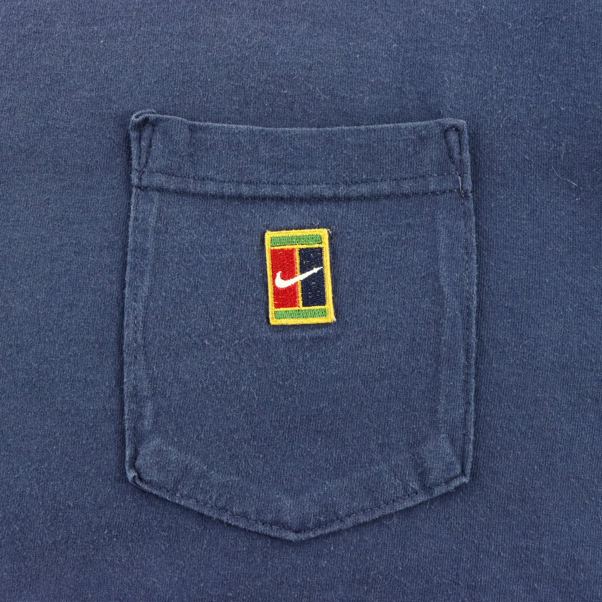 Vintage 90's NIKE Navy Embroidered Patch Pocket USA Made Tennis Court Tee (L) ***COCO Vintage Sole Melbourne
