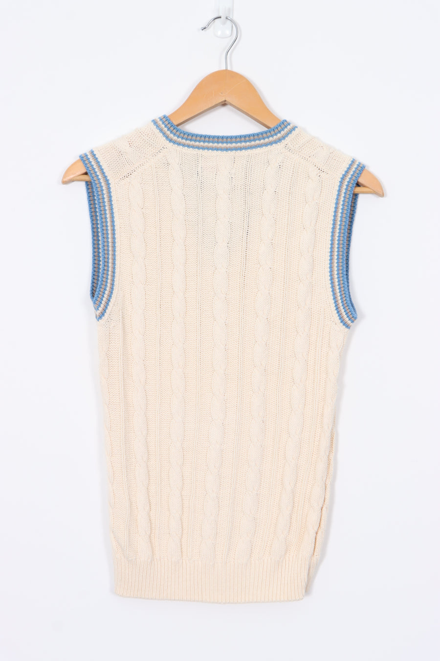 HATHAWAY Cream & Blue Cable Knit Cricket Vest UK Made (S)
