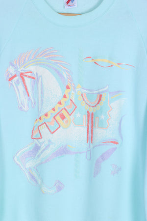 Light Blue Horse Carousal Merry Go Round Puff Print Sweatshirt USA Made (XXL)