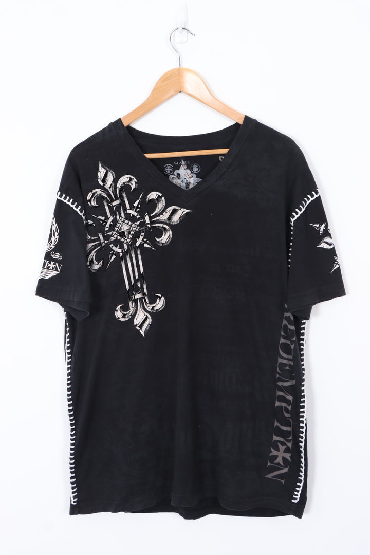 Y2K Redemption Side Stitch Detail Cross Design V-Neck Tee (XL)
