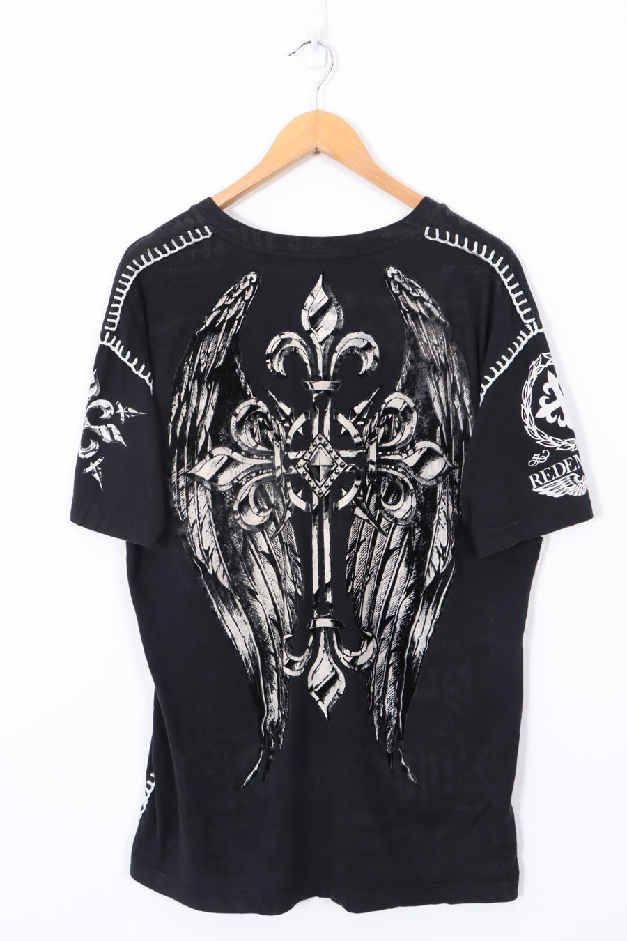 Y2K Redemption Side Stitch Detail Cross Design V-Neck Tee (XL)