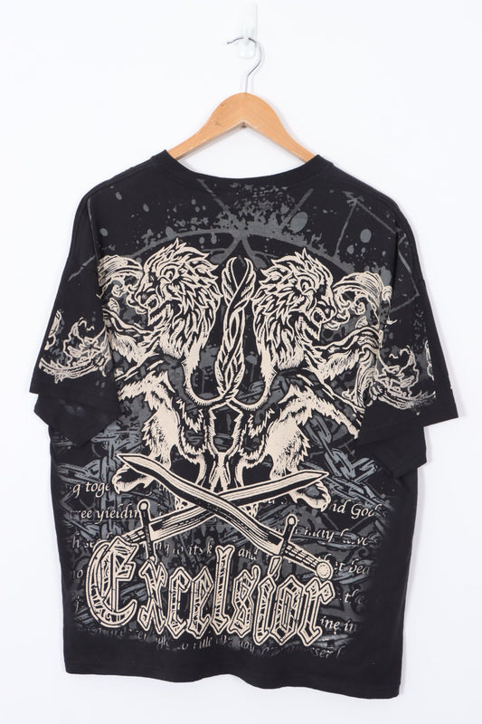 'Excelsior' Y2K Style All Over Graphic Lion T-Shirt (XL)