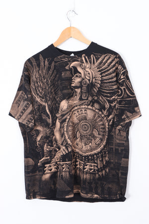 Azteca Eagle Warrior Large All Over Graphic Black T-Shirt (L)