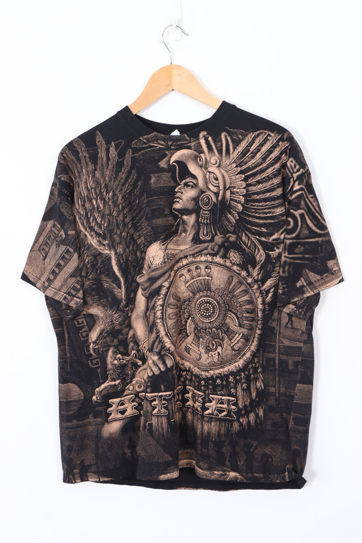 Azteca Eagle Warrior Large All Over Graphic Black T-Shirt (L)