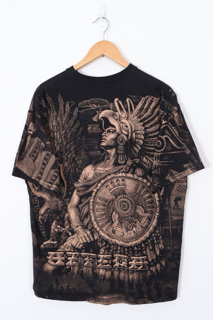 Azteca Eagle Warrior Large All Over Graphic Black T-Shirt (L)