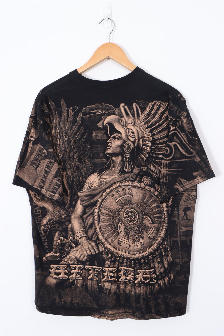 Azteca Eagle Warrior Large All Over Graphic Black T-Shirt (L)