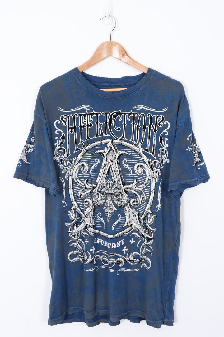 AFFLICTION 'Live Fast' Velvet Spell Out Gothic Grunge T-Shirt (XL)