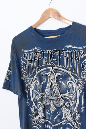 AFFLICTION 'Live Fast' Velvet Spell Out Gothic Grunge T-Shirt (XL)