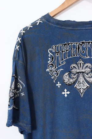 AFFLICTION 'Live Fast' Velvet Spell Out Gothic Grunge T-Shirt (XL)