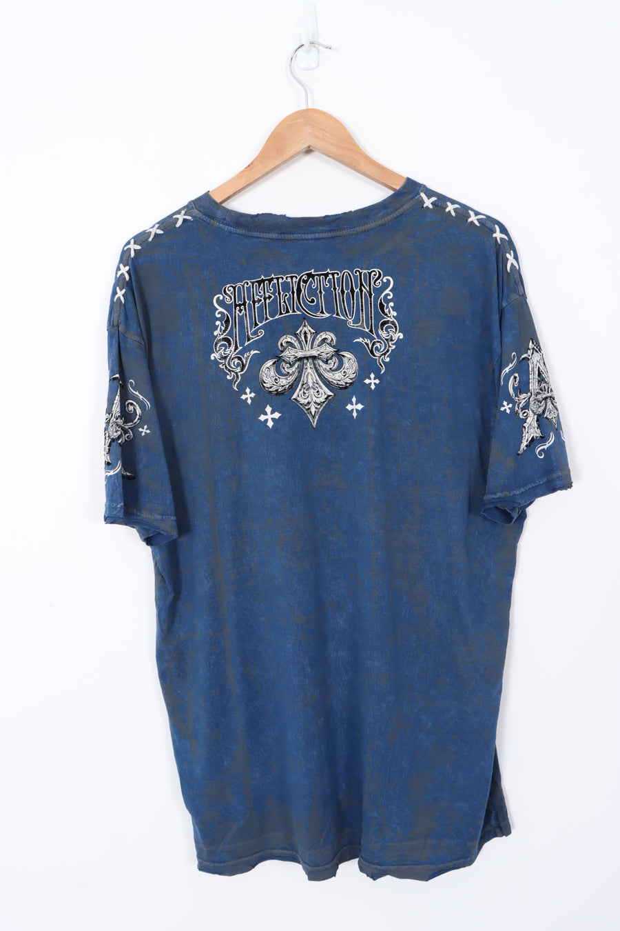 AFFLICTION 'Live Fast' Velvet Spell Out Gothic Grunge T-Shirt (XL)