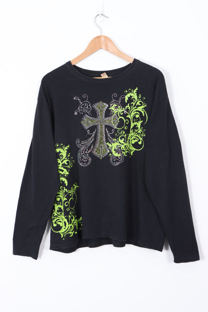 Green Embellished Cross Long Sleeve Y2K Style T-Shirt (XL)