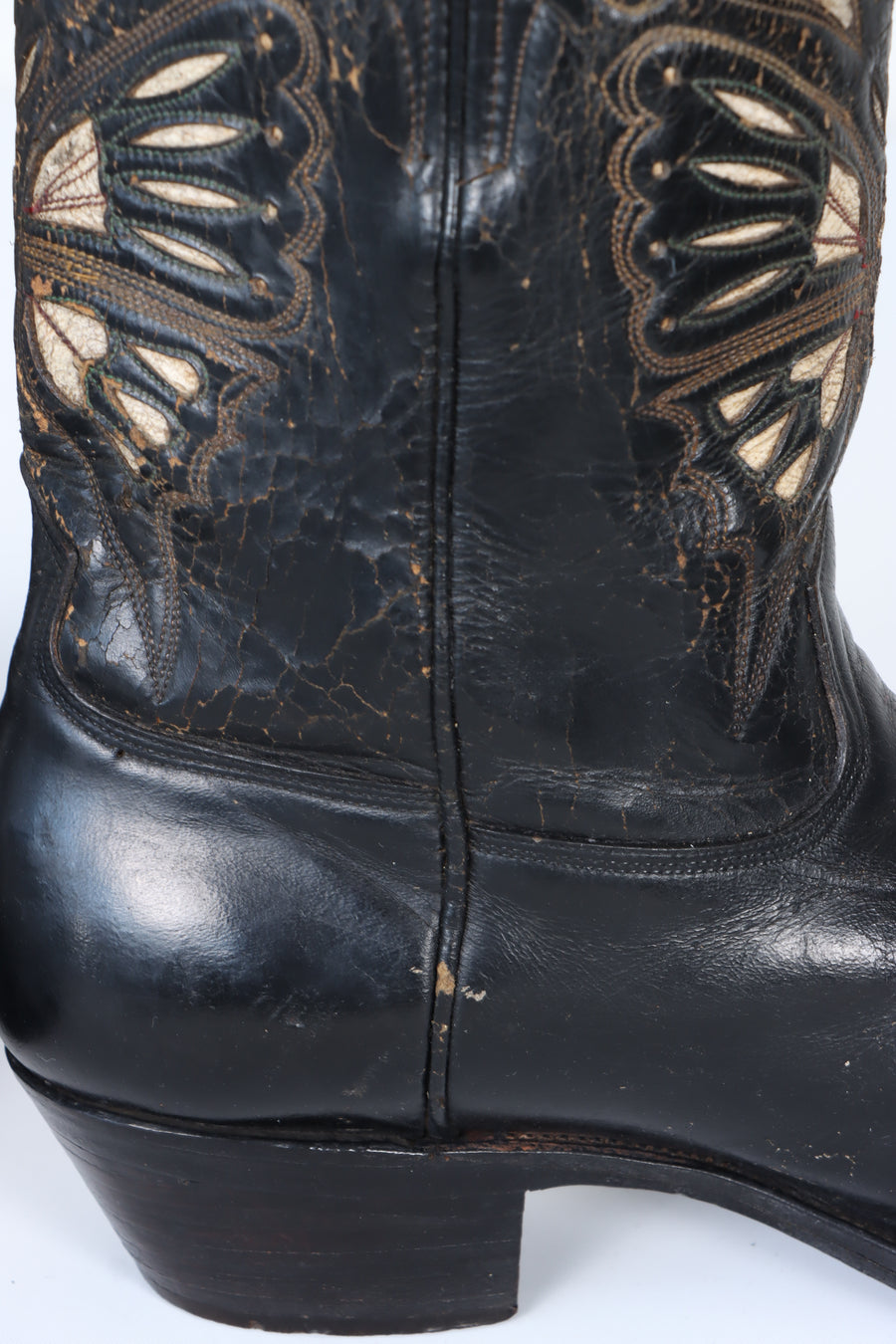 Antique 1920/30s Butterfly Inlay Black Leather Cowboy Boots (10.5)