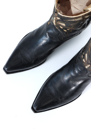 Antique 1920/30s Butterfly Inlay Black Leather Cowboy Boots (10.5)