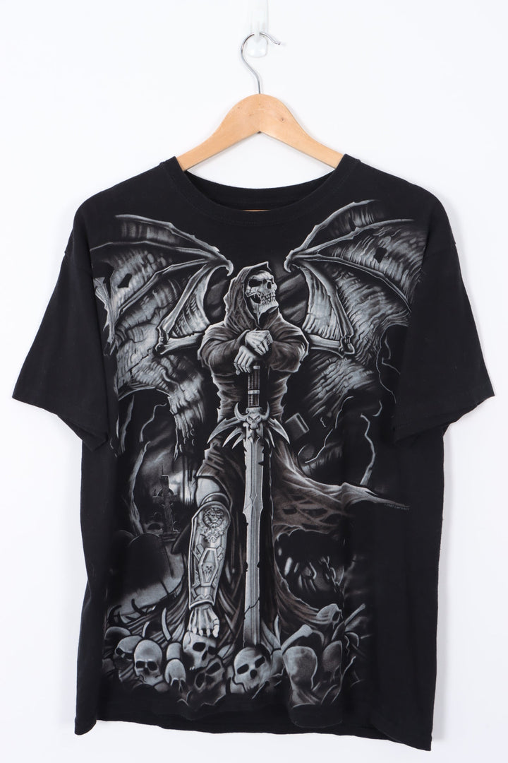 LIQUID BLUE Dark Angel Skeleton All Over Graphic Print T-Shirt (L)