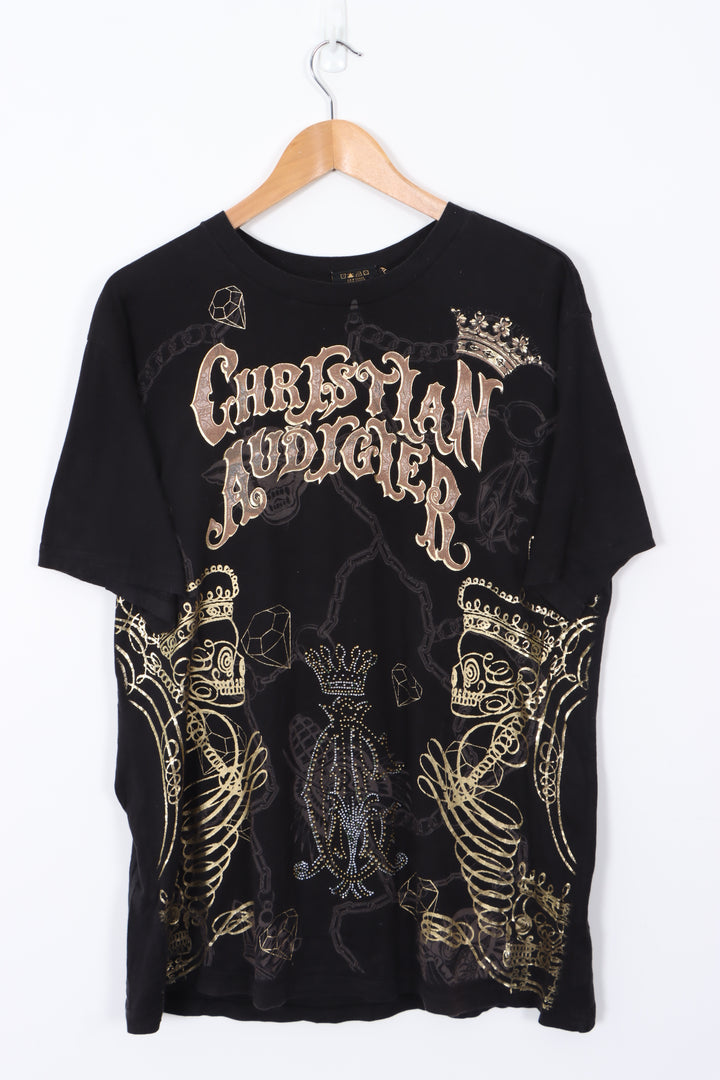 CHRISTIAN AUDIGIER Y2K Style Metallic USA Made Black Tee (L)
