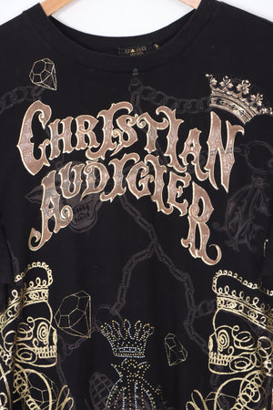 CHRISTIAN AUDIGIER Y2K Style Metallic USA Made Black Tee (L)