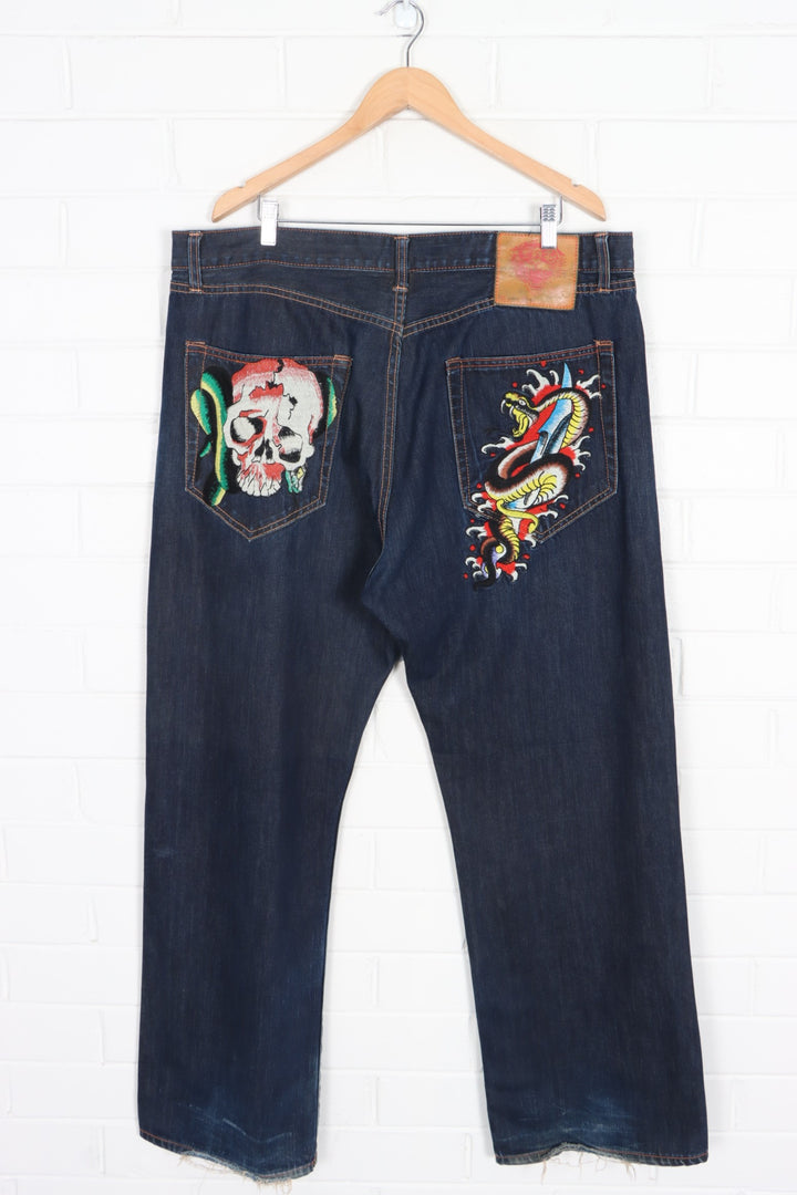 ED HARDY Embroidered Skull & Snakes Dark Wash Y2K Jeans (42x34)