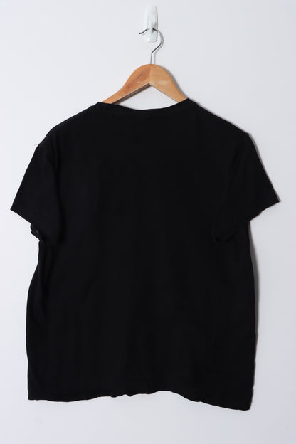 Large Caped Skeleton Graphic Print Black Y2K Style T-Shirt (L)