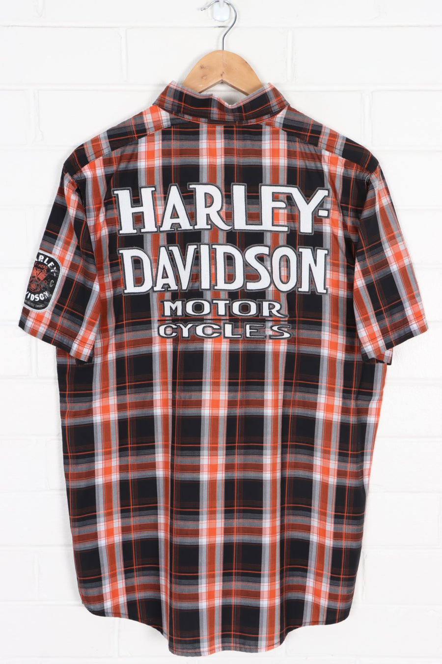 HARLEY DAVIDSON Black & Orange Plaid Short Sleeve Shirt (S)