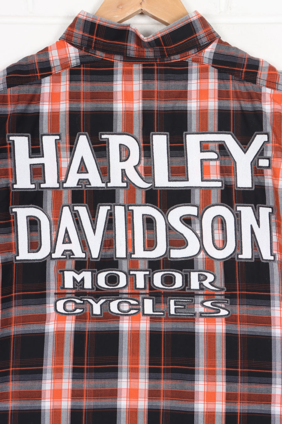 HARLEY DAVIDSON Black & Orange Plaid Short Sleeve Shirt (S)