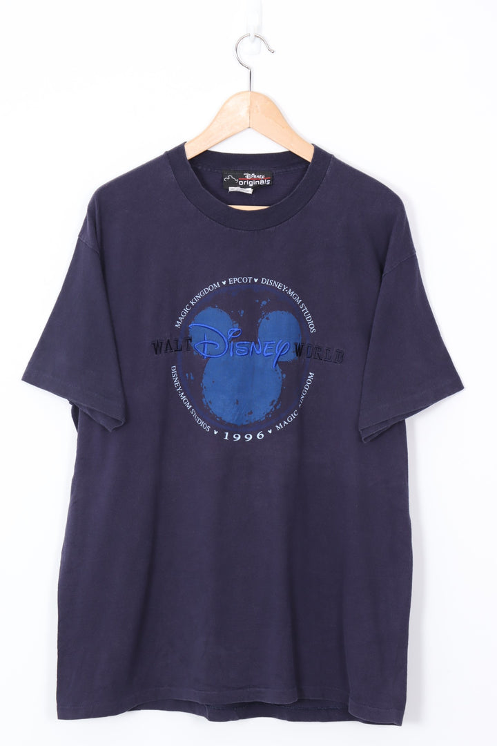 1996 Vintage Walt Disney World Navy Embroidered Mickey Tee (L-XL)