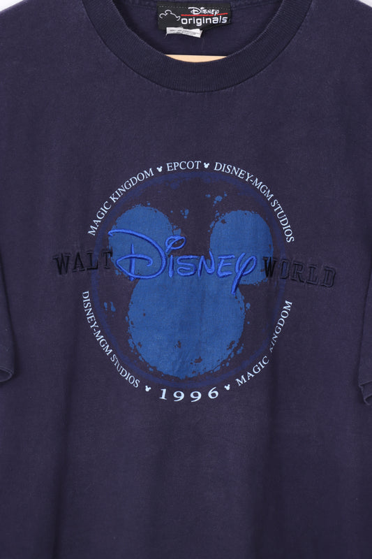 1996 Vintage Walt Disney World Navy Embroidered Mickey Tee (L-XL)