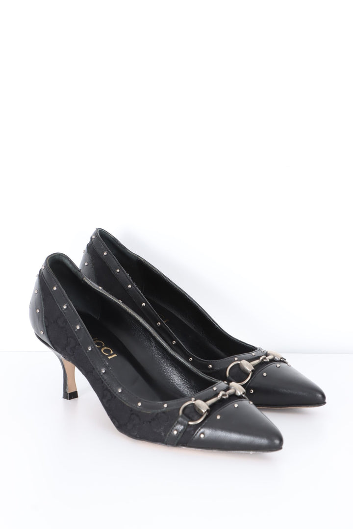 REPLICA Gucci Black GG Canvas Horesbit Studded Kitten Heels (37)