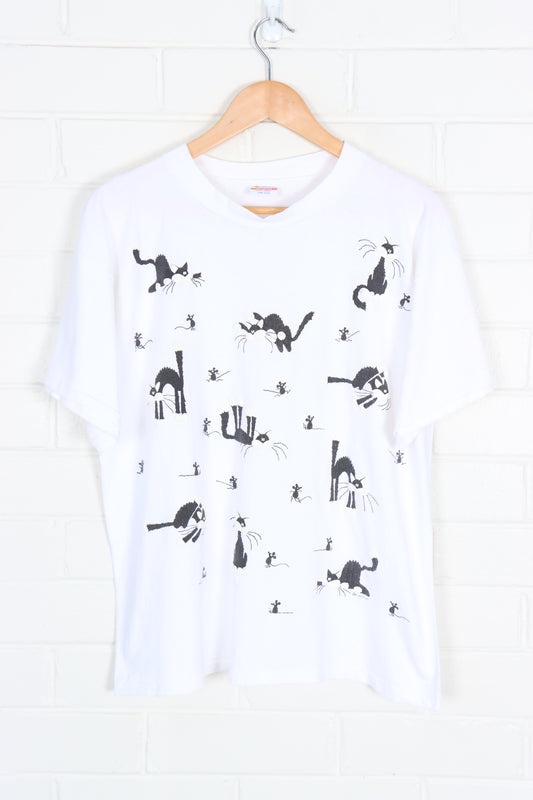Black & White Tuxedo Cat Chasing Mouse Puff Print Tee USA Made (L)