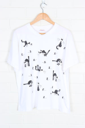 Black & White Tuxedo Cat Chasing Mouse Puff Print Tee USA Made (L)