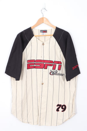 ESPN Classic Baseball Style Linen Blend Stripe Short Sleeve Shirt (L)