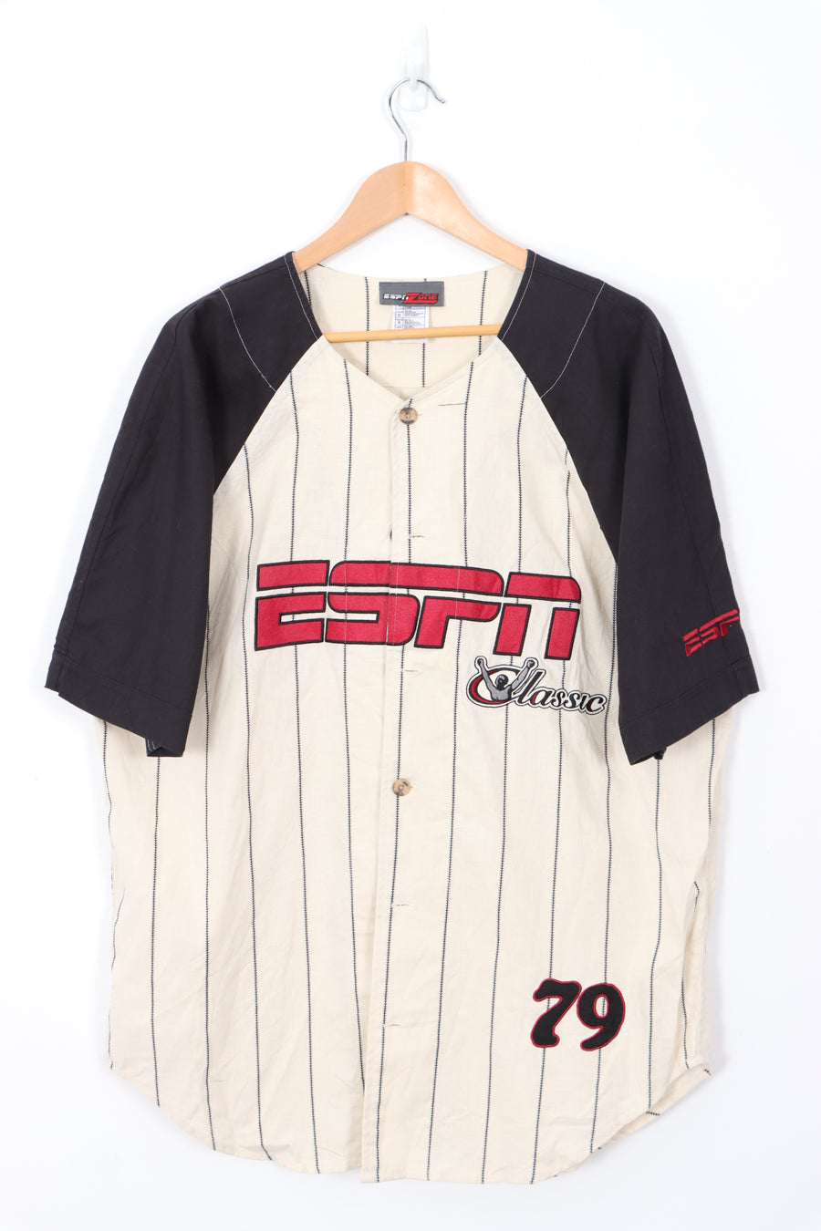 ESPN Classic Baseball Style Linen Blend Stripe Short Sleeve Shirt (L)