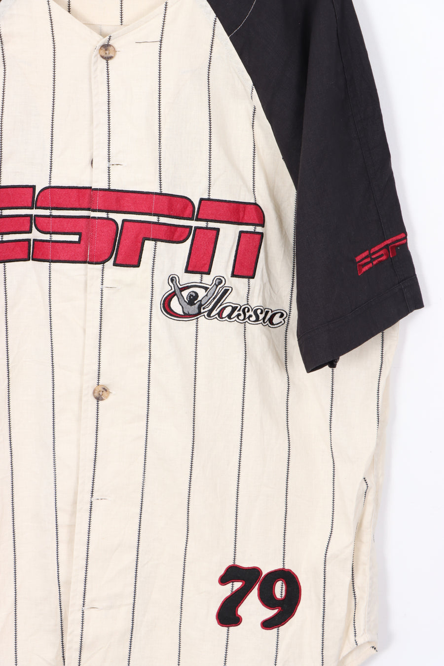 ESPN Classic Baseball Style Linen Blend Stripe Short Sleeve Shirt (L)