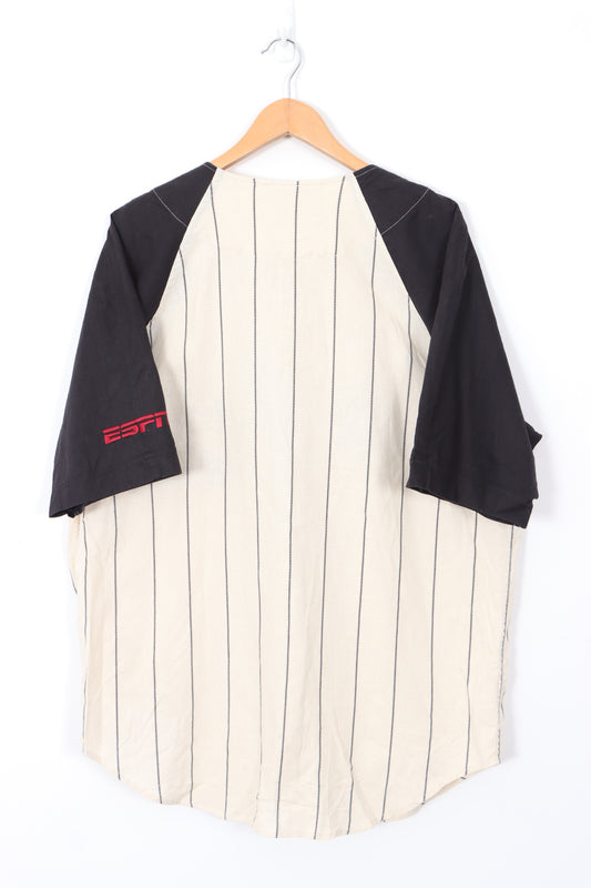 ESPN Classic Baseball Style Linen Blend Stripe Short Sleeve Shirt (L)