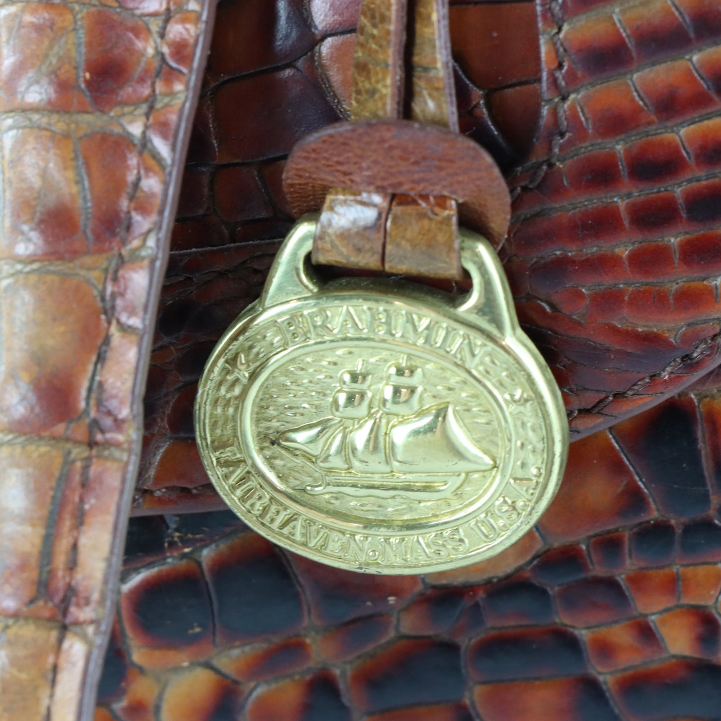 BRAHMIN Vintage 'Kirby' Crocodile Embossed Toasted Almond Leather Shoulder Bag