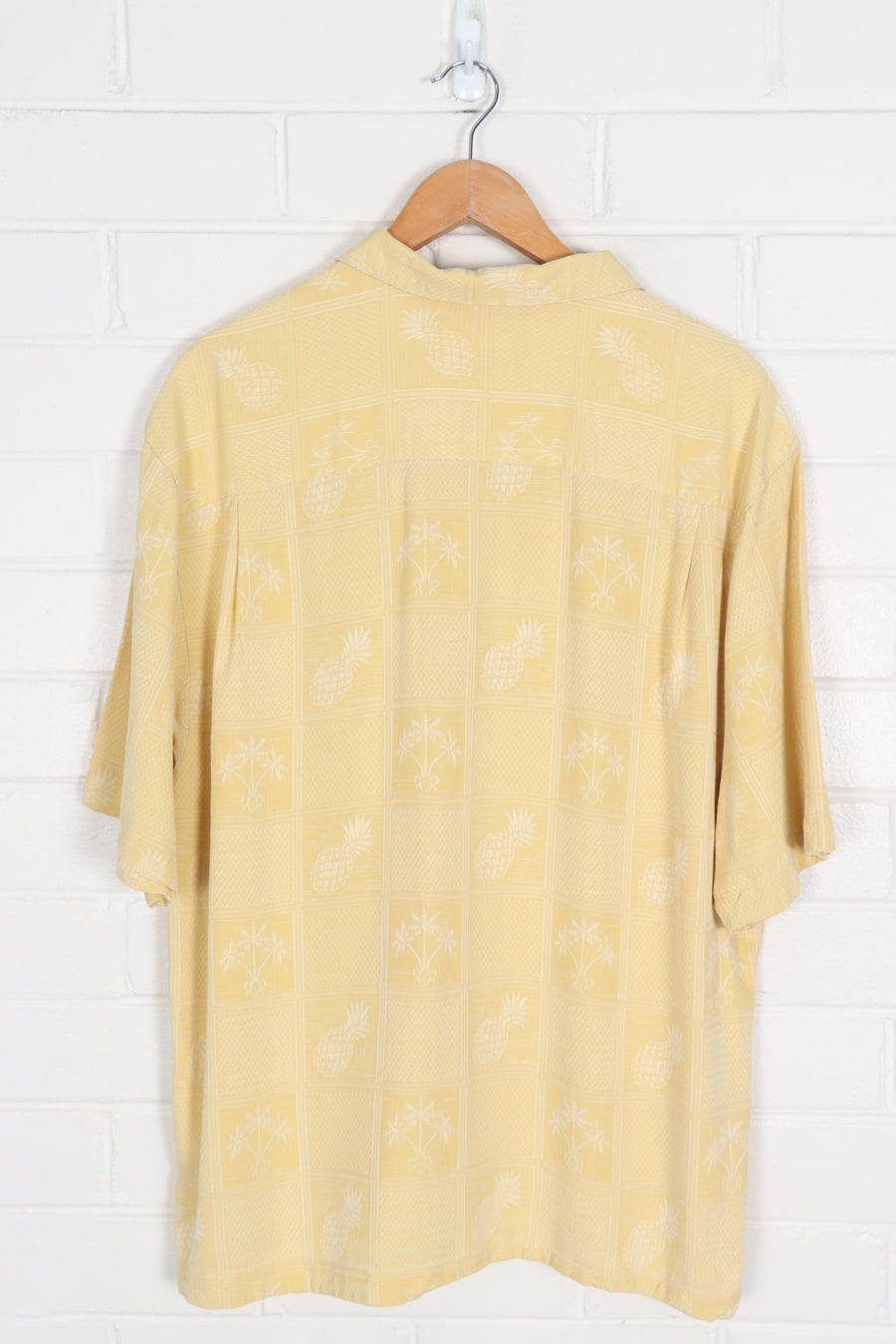 Pale Yellow Pineapple & Palm Trees Silk Button Up Shirt (L-XL)